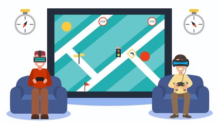 3d app, augmented digital reality, cyberspace design vector illustration. Navigation virtual reality game at screen technology. Boy character play at abstract display, cartoon visual map.のイラスト素材