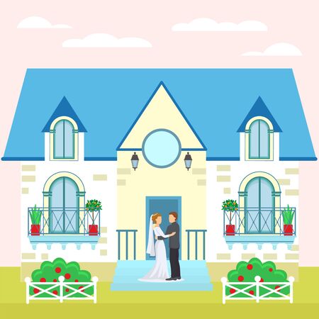 Wedding couple near house, bride and groom vector illustration. Cartoon happy celebration, romantic people in love near building. Married man in suit, woman with bouquet near beautiful home.のイラスト素材