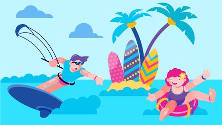 Sea vacation with fun kite in ocean, vector illustration. Summer sport active in water, beach surf activity on cartoon board. Holiday leisure outdoor action, man woman character in water.のイラスト素材