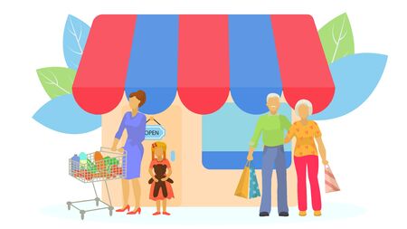 Family with purchase at shop outdoor, vector illustration. Business store with customer, retail sale at city mall and supermarket. Flat man woman consumer outside concept, product grocery.のイラスト素材