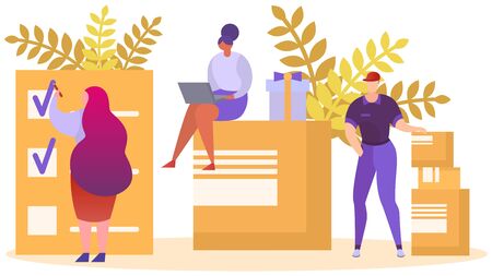 Business delivery concept, vector illustration. Online order parcel, people near large package box, fast shipping store service. Cargo technology transportation to customer character.のイラスト素材