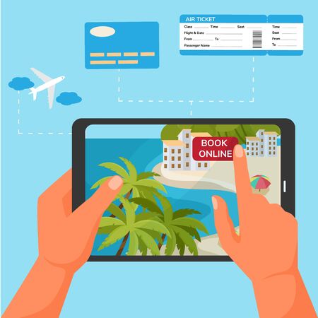 Device application for booking ticket and hotel, vector illustration. Journey app with resort on mobile flat screen. Online apartment reservation concept, plan cartoon trip on holiday.のイラスト素材