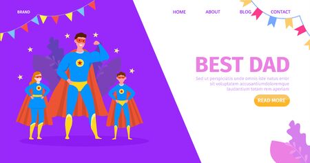 Father hero, happy child with cartoon best dad, vector illustration. Family congratulation, kid character and parent. Greeting celebration card for male superhero, landing website page.のイラスト素材