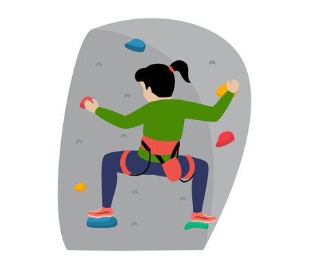 Kids climbing vector climber children character climbs rock mountain wall or mountainous cliff illustration mountaineering set of child in extreme sport mountaineer isolated on white background..のイラスト素材