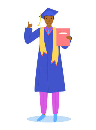 Black man character complete secondary school, graduation student standing get diploma isolated on white, flat vector illustration. Male in graduate hat gown, student deliver speech.のイラスト素材