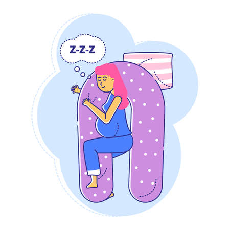 Special comfortable medical pillow for pregnancy, line woman with late gestation period sleep isolated on white, flat vector illustration. Health mother and child, wholesome falling asleep.のイラスト素材