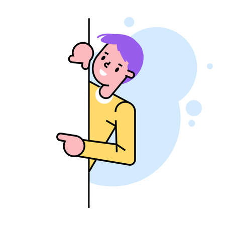 Curious peeping man character, points arm left side text place, female indicate isolated on white, flat vector illustration. Concept cute cheerful girl wave hand with leaf background.のイラスト素材