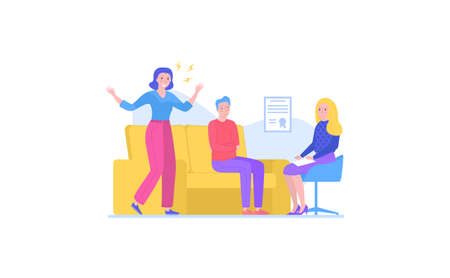 Family issue, psychologist doctor character support pair, loving couple female male psychological session isolated in white, flat vector illustration. Wife yell husband, home mental health.のイラスト素材