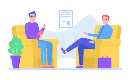 Man character psychologist support male problem, psychotherapy help people isolated on white, flat vector illustration. Professional counselor assistance mind recovery, psychotherapeutic sessionのイラスト素材