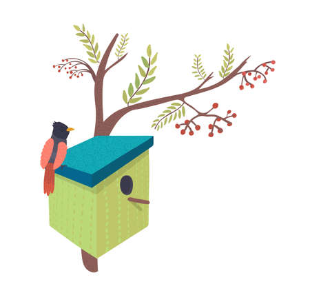Decorative bird handmade house, home for wildlife character poultry isolated on white, cartoon vector illustration. Cozy blue nesting box, chick flight design outdoor forest birdhouse.のイラスト素材