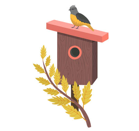 Decorative bird handmade house, home for wildlife character poultry isolated on white, cartoon vector illustration. Cozy blue nesting box, chick flight design outdoor forest birdhouse.のイラスト素材