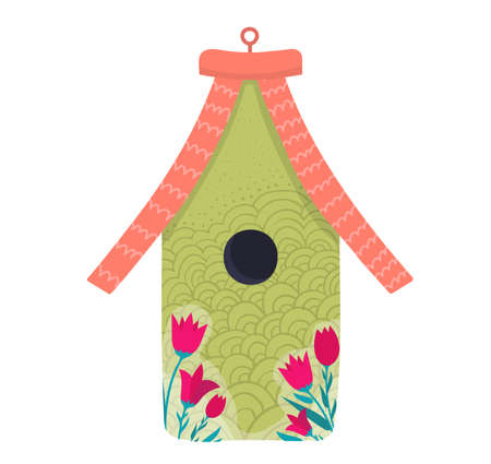 Decorative bird handmade house, home for wildlife character poultry isolated on white, cartoon vector illustration. Cozy blue nesting box, chick flight design outdoor forest birdhouse.のイラスト素材