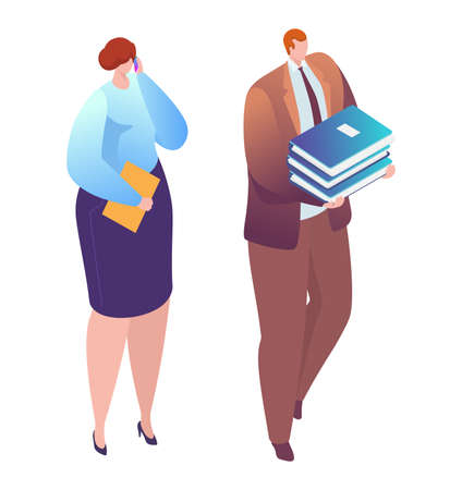 Male hold business document, woman talk mobile phone isolated on white, isometric vector illustration. Businesswoman businessman character walk industry conversation, discussion enterprise plan.のイラスト素材