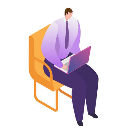 Businessman sitting office chair with laptop, male character work freelance business industry task isolated on white, isometric vector illustration. Man professional company accountant.のイラスト素材