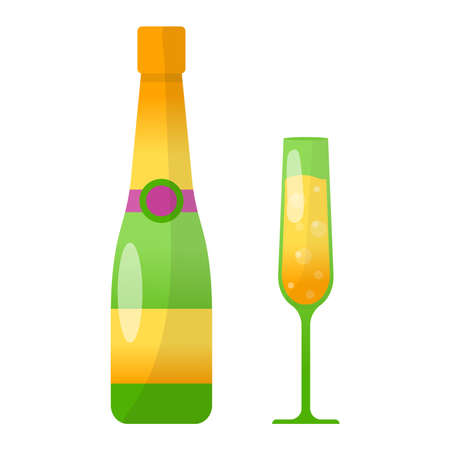 Green bottle wine golden wrapper, glass with sparkling champagne birthday party element isolated on white, flat vector illustration. Concept cheerful time icon stuff, alcoholic beverage.のイラスト素材