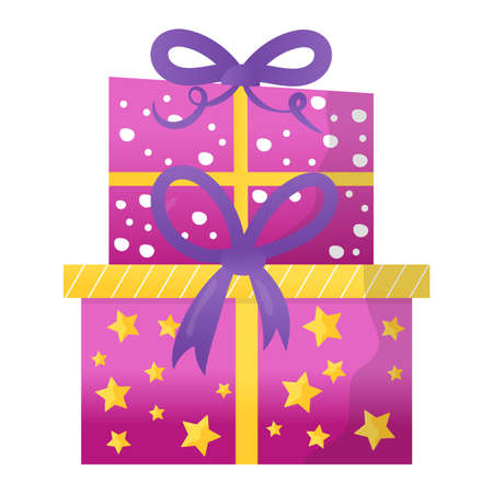 Purple celebration basket, festival birthday party element with bow knot icon isolated on white, flat vector illustration. Concept box festivity personal holiday, cheerful time holiday goods.のイラスト素材