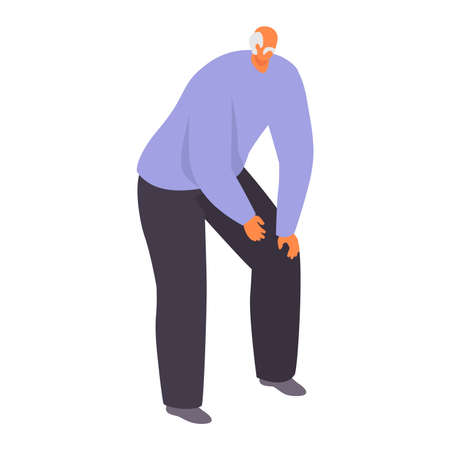 Elderly people man character, sick risk old male leg pain syndrome isolated on white, cartoon vector illustration. Poor health conditions old people, medical care weak body, social assistance.のイラスト素材