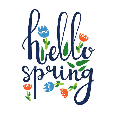 Springtime text font type quote floret, lettering hello spring typeface isolated on white, flat vector illustration. Design concept blossom mood, pick up wild field decorative flower.のイラスト素材