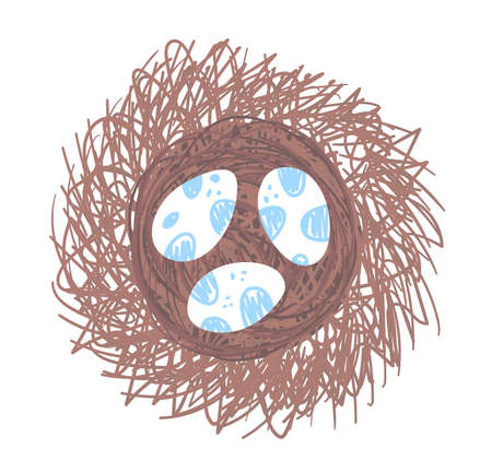 Bird nest with eggs, spring wildlife chick concept isolated on white, flat vector illustration. Springtime mood wicker twig jack, new life flora fauna spring period. Reproduction natural live.のイラスト素材