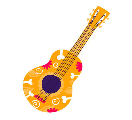 Mexican typical guitar for play music, mexico concept traditional holiday stuff icon isolated on white, flat vector illustration. Decoration festive musical gear, tradition north america country.のイラスト素材