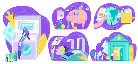 Bank operations vector illustration set. Cartoon flat tiny people investing, paying by card, cash in...