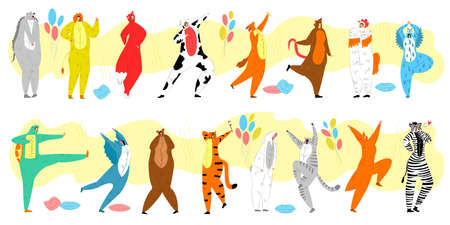 People in animal costume vector illustration set. Cartoon flat group of adult characters wearing cute animistic colorful bear or turtle, fox or tiger, zebra costumes for fun party isolated on whiteのイラスト素材