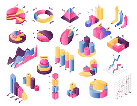 Isometric graph chart vector illustration set. 3d infographic elements, diagram bar with stats percent or graphic pie chart, collection icons for financial analysis, statistic report isolated on whiteのイラスト素材