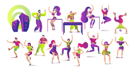Set of dancing people isolated on white vector illustrations. Young people, dj and dance, dancers pose set, fun and happy. Disco music party celebration in club, entertainment for teenagers.のイラスト素材