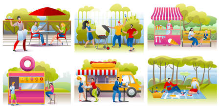 People eating outdoor set of vector illustrations. Street food eaters festival, people eat at vans or stalls, buying homemade meals at outdoor cafes or restaurant, picnic in nature. Street food at summer.のイラスト素材