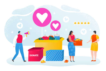 Clothes donation, charity, social care, volunteers donate clothings, help and volunteering flat vector illustration. Man and women people community donating boxes full of clothes for poors.のイラスト素材