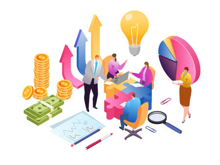 Business creative teamwork and development data analysis isometric vector illustration. Financial report and strategy. Business team-work for investment growth, marketing and managment in team.のイラスト素材