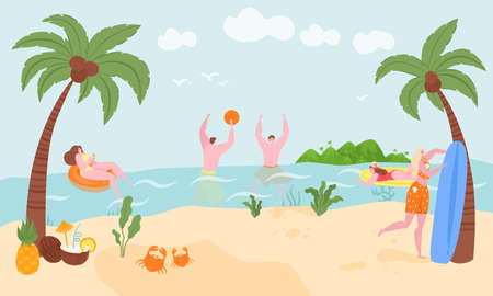 Vacation on sea or ocean in summer, surfing, swimming in rubber ring floating in ocean water vector illustration. Beach seaside swim vacation poster. Sea vacationers resort and leisure, outdoor fun.のイラスト素材