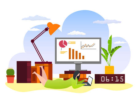 Education online at home concept with computer and student girl learning with laptop in internet vector illustration. Technology, knowledge study and learning online. Education on distance.のイラスト素材