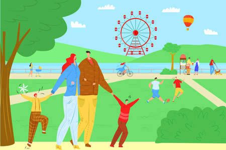 Cartoon people in park with ferris wheel, vector illustration. Family leisure with happy child, entertainment design for kid. Father mother play with children, flat walk activity in city.のイラスト素材