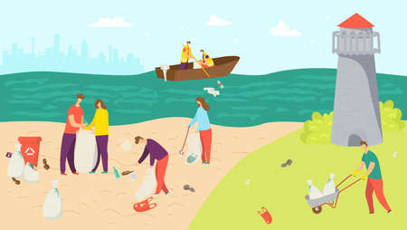 Beach with garbage, people clean environment vector illustration. Volunteer character pick up trash from nature ecology. Cartoon man woman cleaning ocean, plastic waste and pollution.のイラスト素材