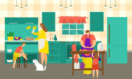 Family cooking in kitchen at home, vector illustration. People man woman character make flat food and meal for girl boy together. Happy daughter, son, kid and dad cook dinner at house table.のイラスト素材