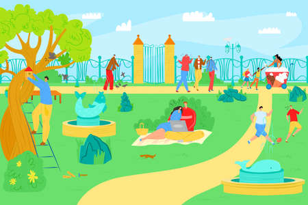 Park leisure at cartoon outdoor summer, vector illustration. Man woman people character at city nature, lifestyle activity. Sport at grass landscape, flat happy walk and recreation.のイラスト素材