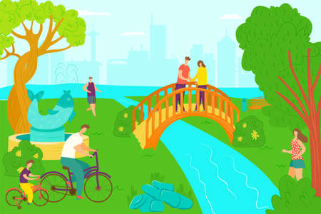 Park activity and happy leisure, vector illustration. Adult people at garden, summer walk on green grass nature. Lifestyle day walk, man woman ar flat outdoors beautiful river and tree.のイラスト素材