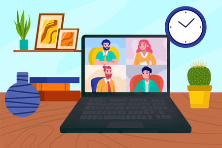 Online video conference at laptop screen, business communication by internet call vector...