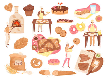 Bakery food, pastry and products set of isolated vector illustrations. Bakers, fresh bread loafs, pies, cakes, flour and baking stove icons. Baking goods, donuts, baguette, pretzels and wheat buns.のイラスト素材