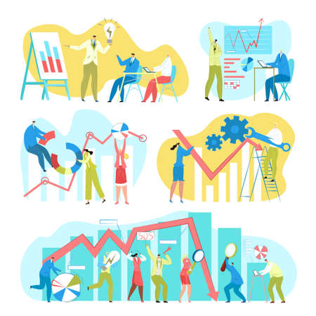 Business analytics people and technology set of vector illustrations. Big data, cloud computing and statistical model prediction analysis. Financial and marketing strategy decisions, analyst peope.のイラスト素材