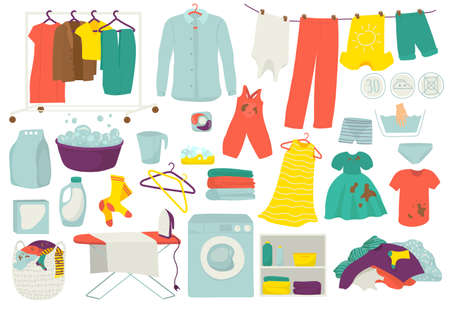 Laundry, clean and dirty clothes, washing set of isolated vector illustrations. Clothes washed and ironing icons. Washing machine, washer, basket, detergentsoap and laundromat appliance.のイラスト素材