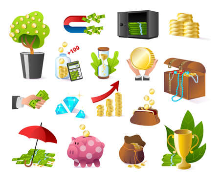 Money banking and finance icons set of isolated on white vector illustrations. Bank, cash, gold bullion and treasure. Money box, currency payment, banked dollars in safe. Exchange, piggy bank.のイラスト素材