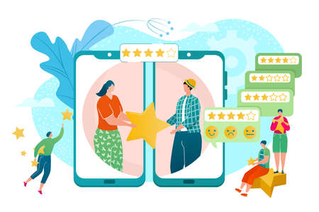 Customer feedback review online at smartphone flat concept, vector illustration. People client character choice at rate service with star design. Good positive rating from man woman success opinion.のイラスト素材