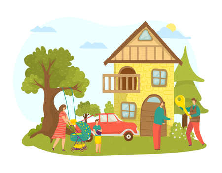 House property purchase or rent home for family vector illustration. Woman man character near new real estate cartoon building. Person buy apartment at flat realtor, business agent.のイラスト素材