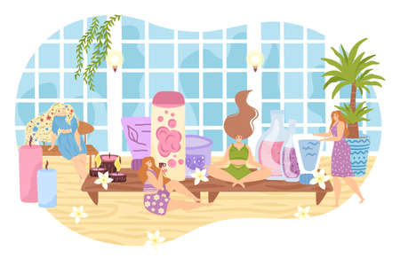 Woman girl at spa, person character care about clean beauty vector illustration. Flat hygiene treatment with skin cosmetic, female skincare therapy. Wellness professional procedure and relax.のイラスト素材
