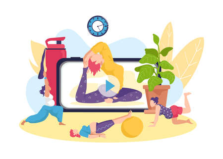 Yoga fitness exercise for pregnant woman, online healthy activity vector illustration. Pregnancy health by sport training lifestyle, mother prenatal workout. Cartoon maternity concept.のイラスト素材