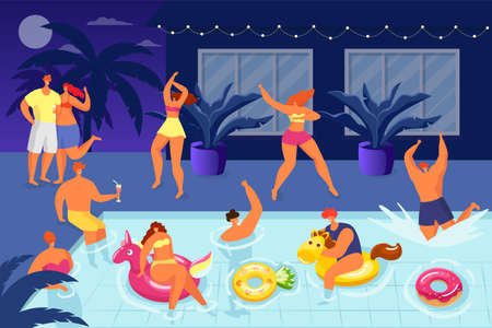 People have fun at water pool party, summer night holiday with happy man woman vector illustration. Young character in bikini drink, dance and swim. Enjoying cocktail in flat swimwear.のイラスト素材