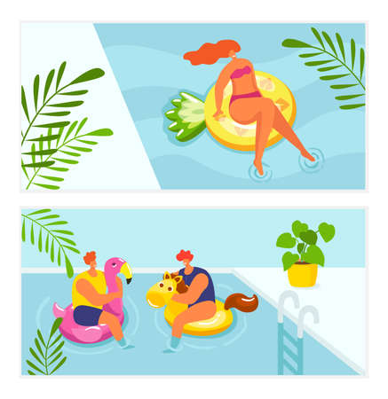 Holiday summer relax in water pool, vacation travel vector illustration. Girl woman man sunbathing at beach, people float swim in swimsuit. Swimming leisure at resort, relaxation lifestyle.のイラスト素材