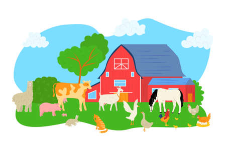 Cartoon pig, sheep, horse, cow at farm vector illustration. Animal at nature landscape, barn for chicken rooster background. Agriculture rural character at grass, graphic dog and goat.のイラスト素材